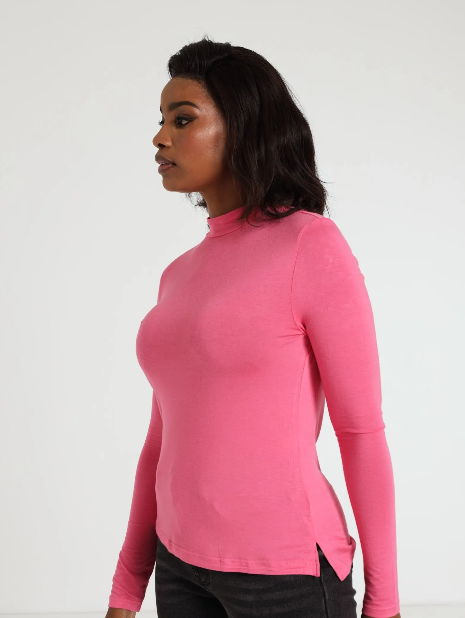 Hi-Neck Long Sleeve Tee - Bright Pink