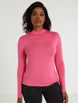 Hi-Neck Long Sleeve Tee - Bright Pink