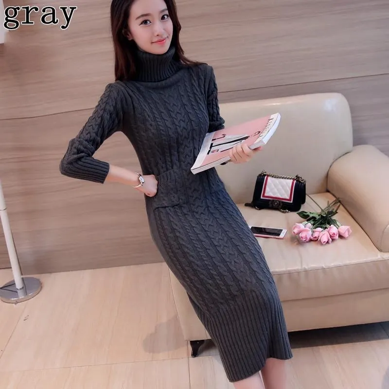 High Neck Long Sweater Autumn and Winter Over The Knee Retro Slim Bottoming Shirt Fashion Knitted Dress