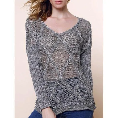 Hollow Out Long Sleeve Casual Style V-Neck Acrylic Women's Sweater - Light Gray One Size