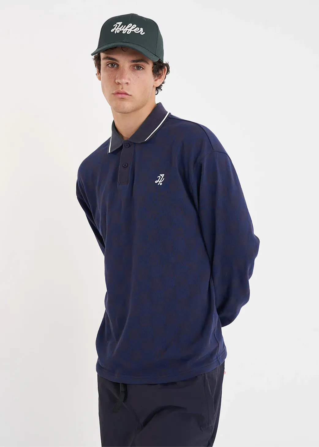 HUFFER Check Long Sleeve Polo - Navy