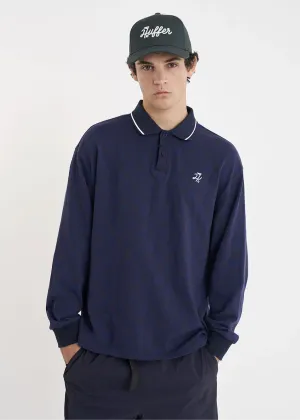 HUFFER Check Long Sleeve Polo - Navy