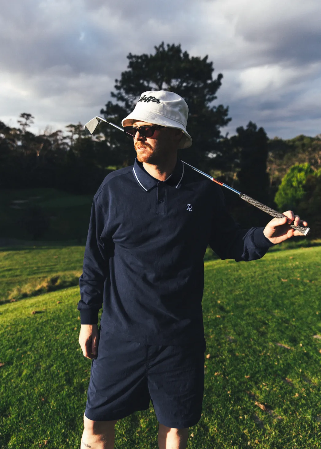 HUFFER Check Long Sleeve Polo - Navy