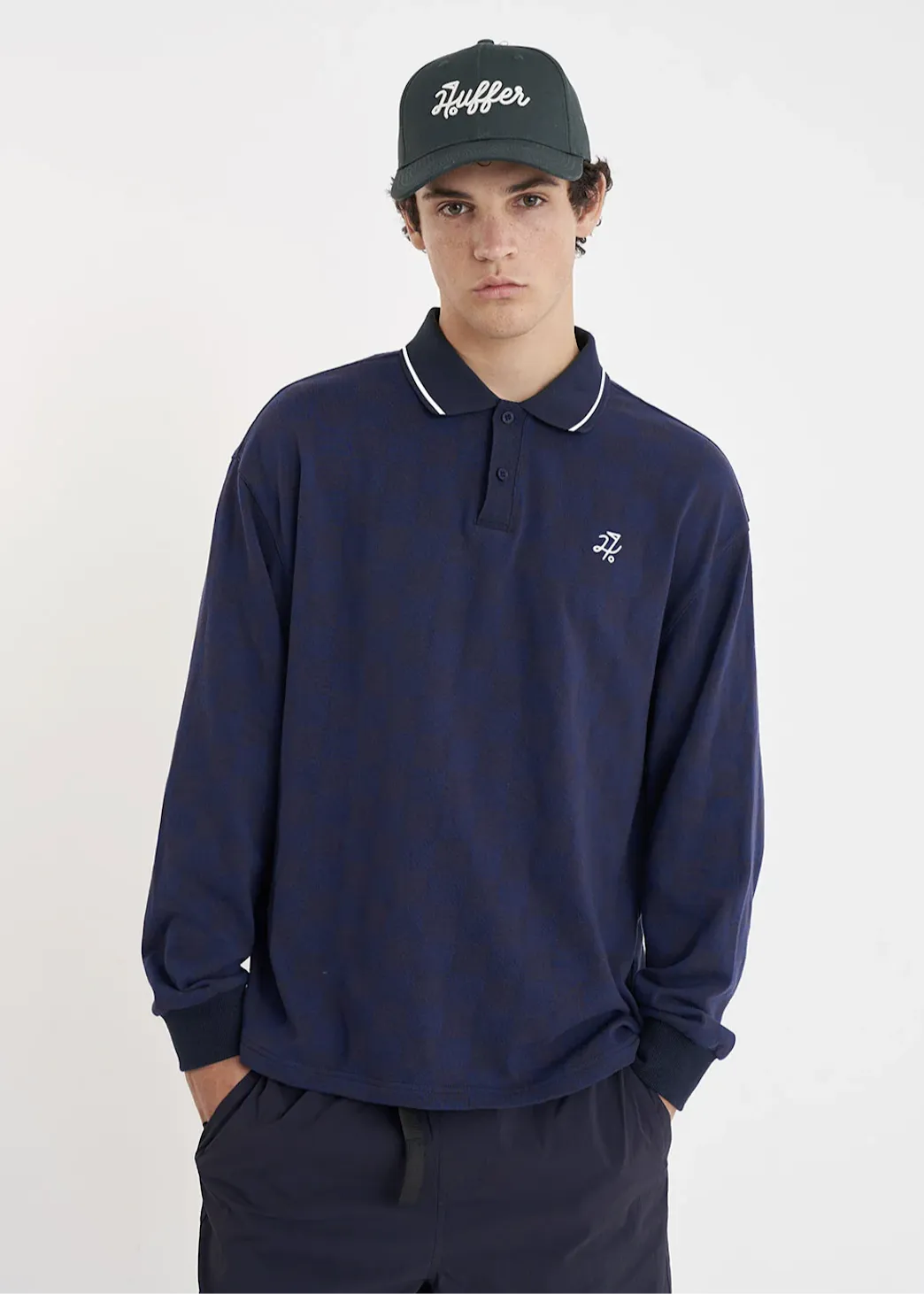 HUFFER Check Long Sleeve Polo - Navy