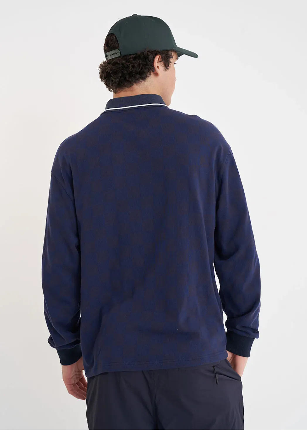 HUFFER Check Long Sleeve Polo - Navy