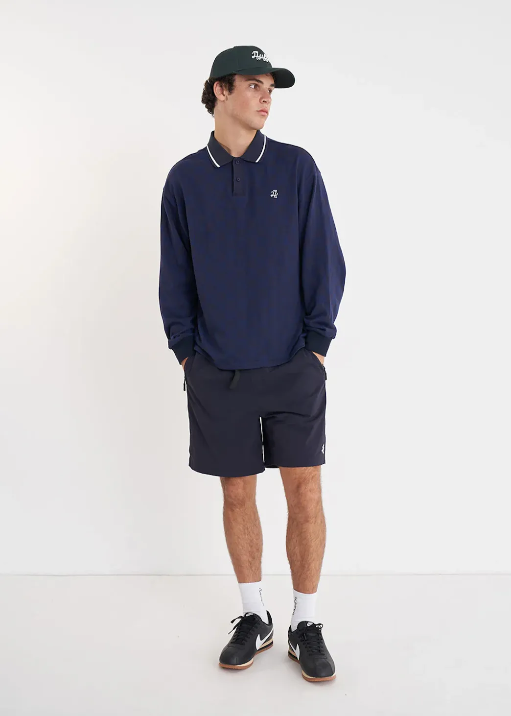 HUFFER Check Long Sleeve Polo - Navy
