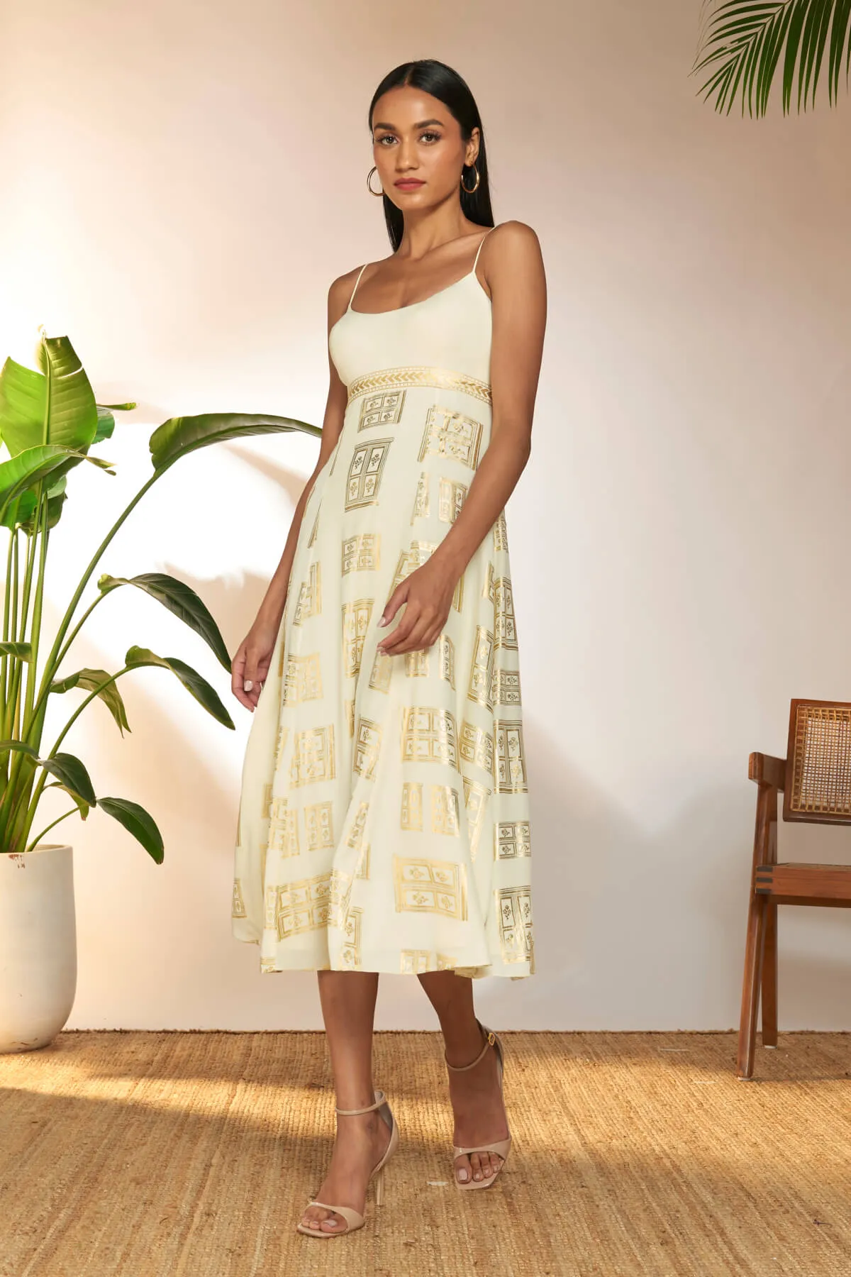 Ivory open door foil backless dress