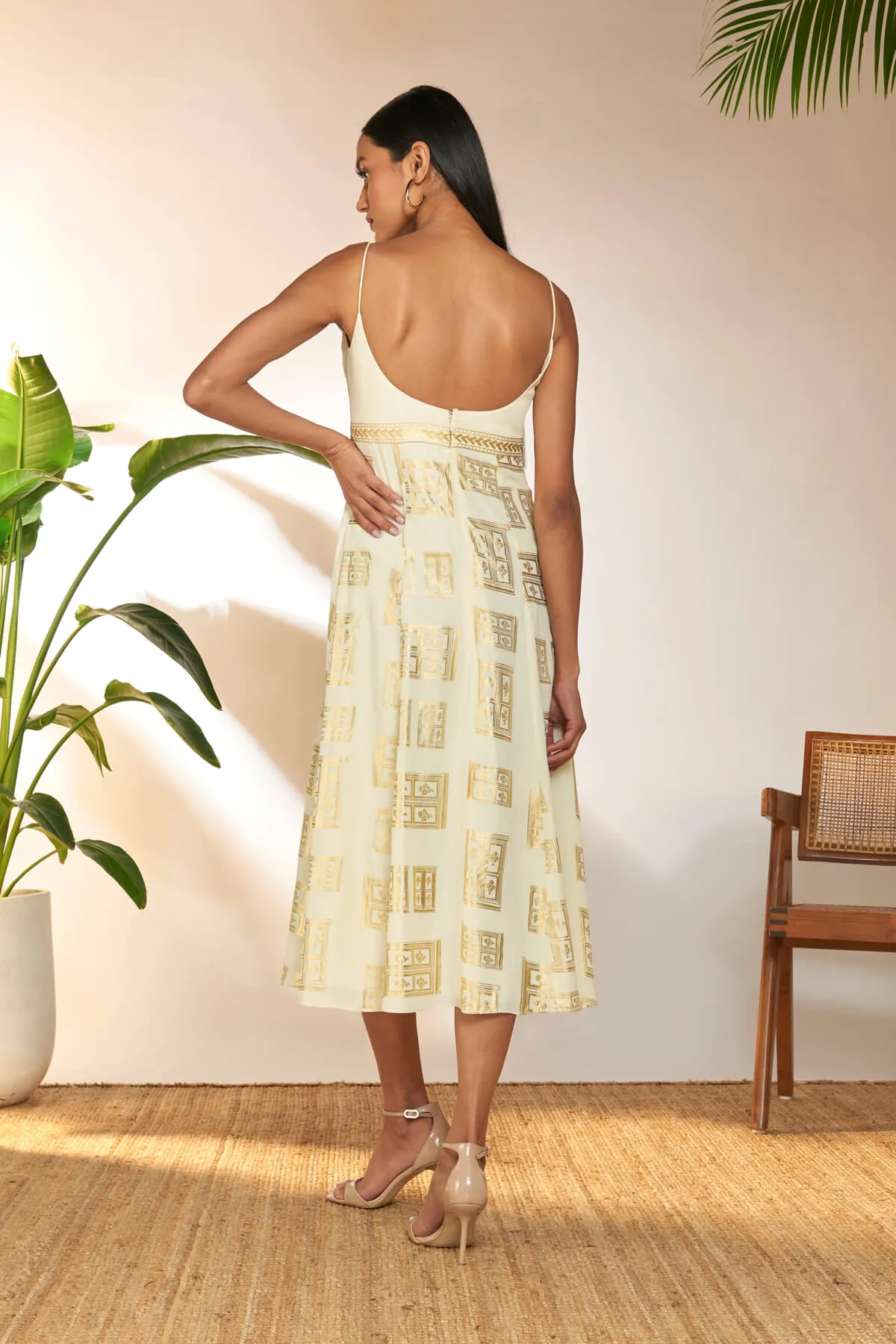 Ivory open door foil backless dress