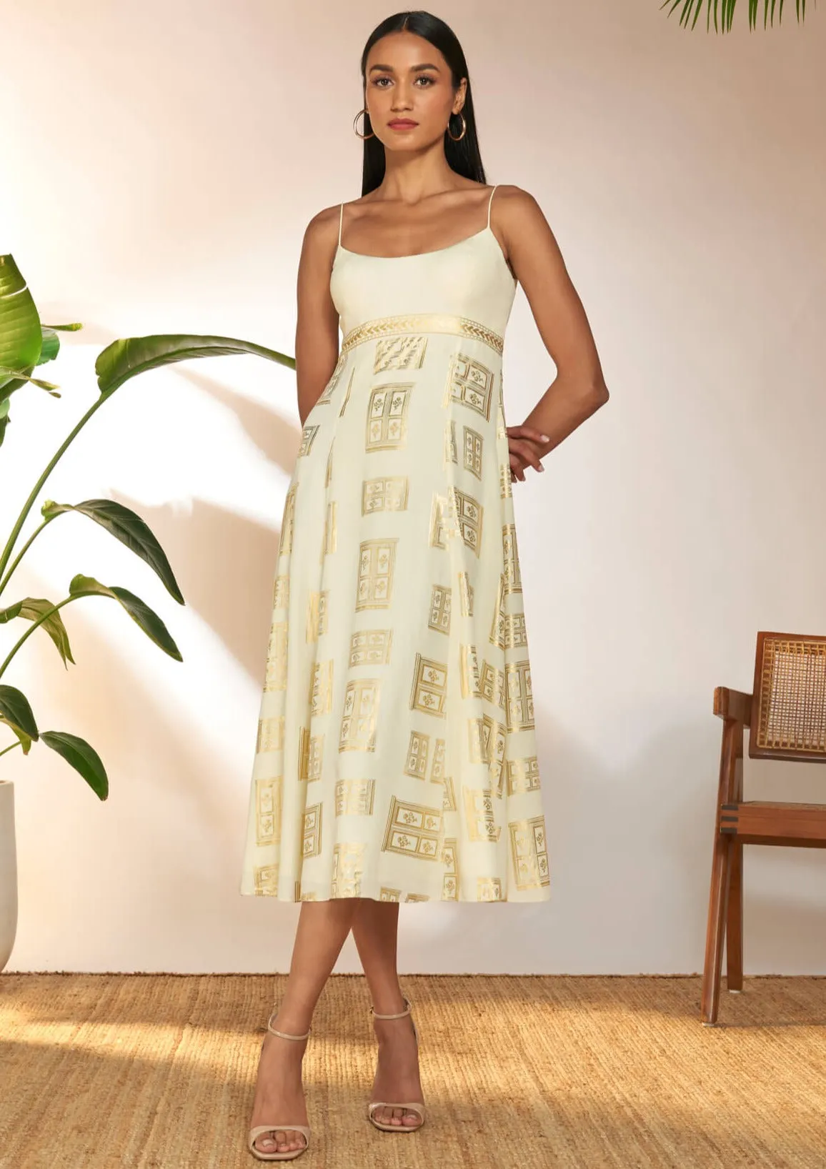 Ivory open door foil backless dress