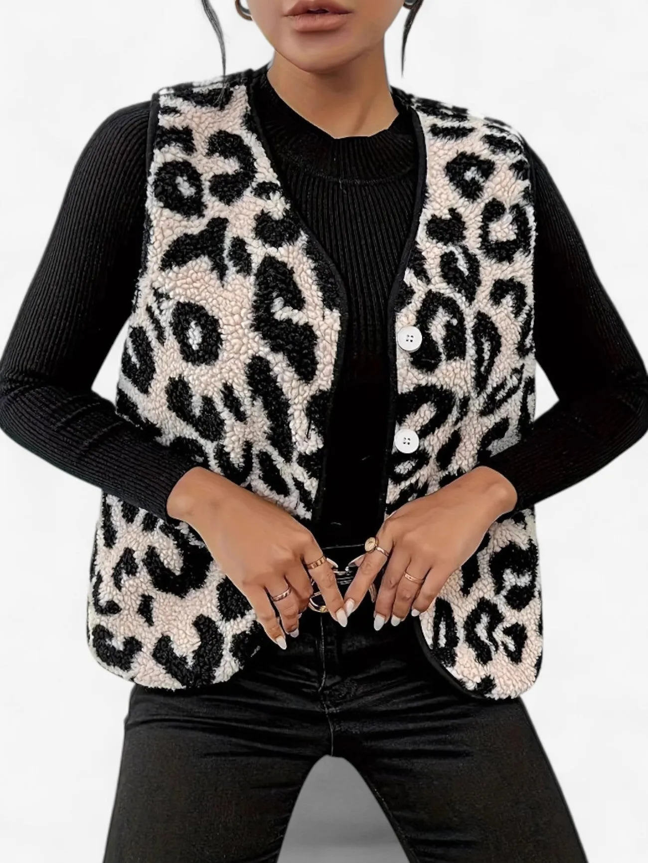 Jada | Women's Sleeveless Leopard Print Button Down Vest