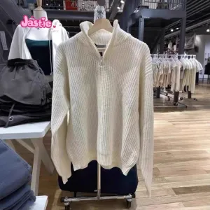 JazzHer Half Zip High Neck Knitted Sweater Beige Solid Color Simple Pullover Top Stand Collar Y2K Streetwear Winter Women Sweaters