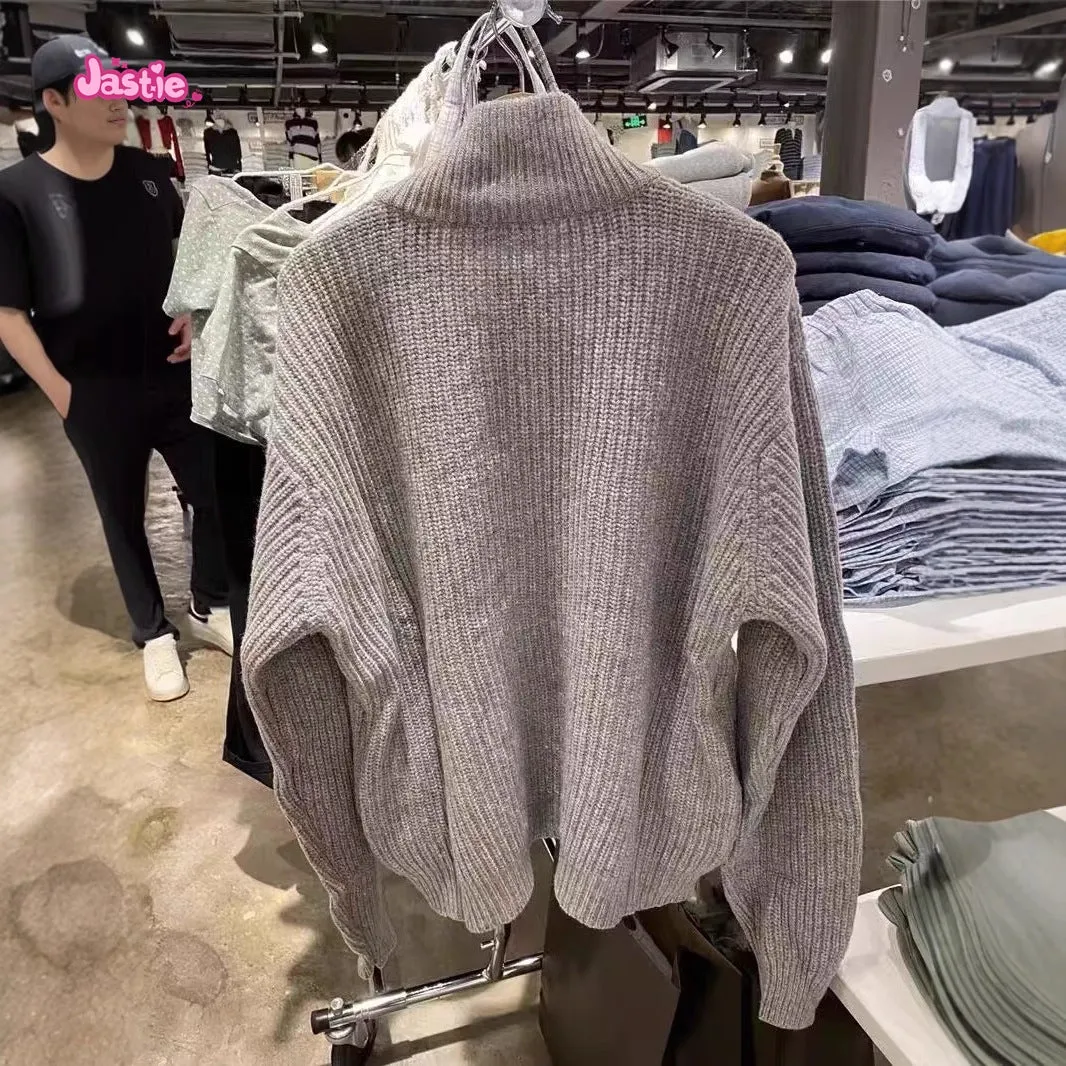 JazzHer Half Zip High Neck Knitted Sweater Beige Solid Color Simple Pullover Top Stand Collar Y2K Streetwear Winter Women Sweaters