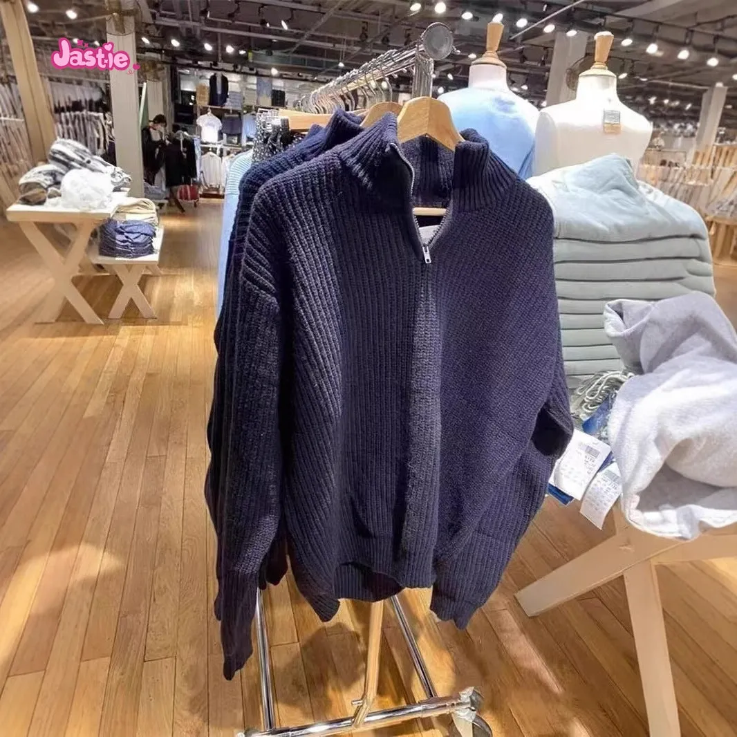 JazzHer Half Zip High Neck Knitted Sweater Beige Solid Color Simple Pullover Top Stand Collar Y2K Streetwear Winter Women Sweaters