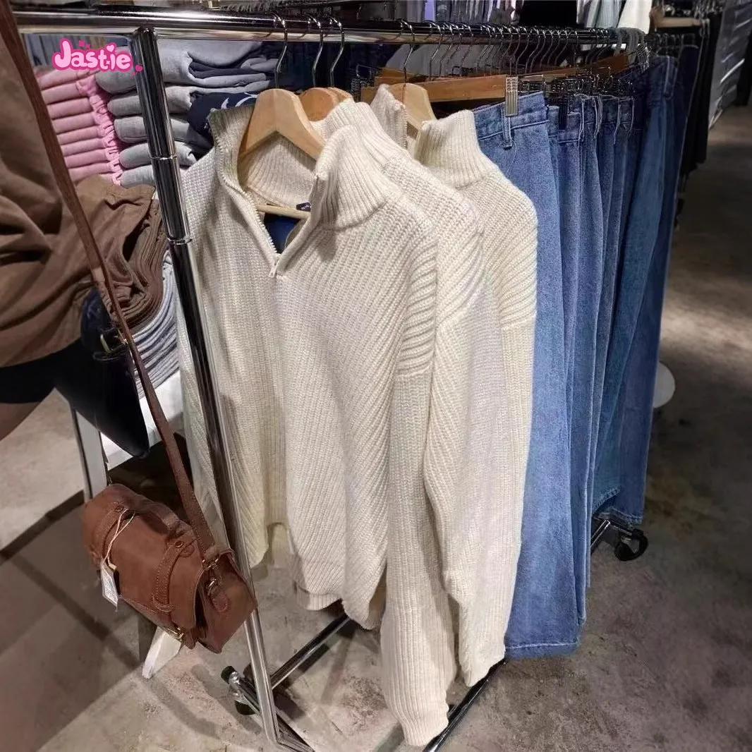 JazzHer Half Zip High Neck Knitted Sweater Beige Solid Color Simple Pullover Top Stand Collar Y2K Streetwear Winter Women Sweaters