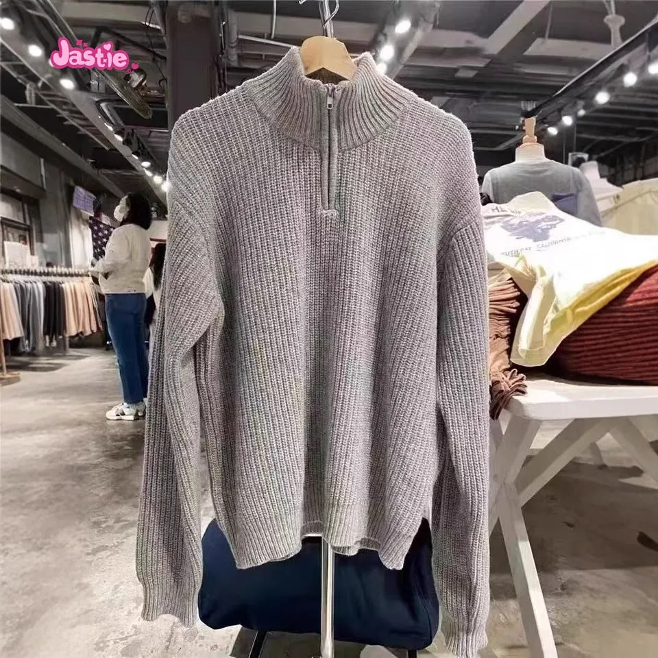 JazzHer Half Zip High Neck Knitted Sweater Beige Solid Color Simple Pullover Top Stand Collar Y2K Streetwear Winter Women Sweaters
