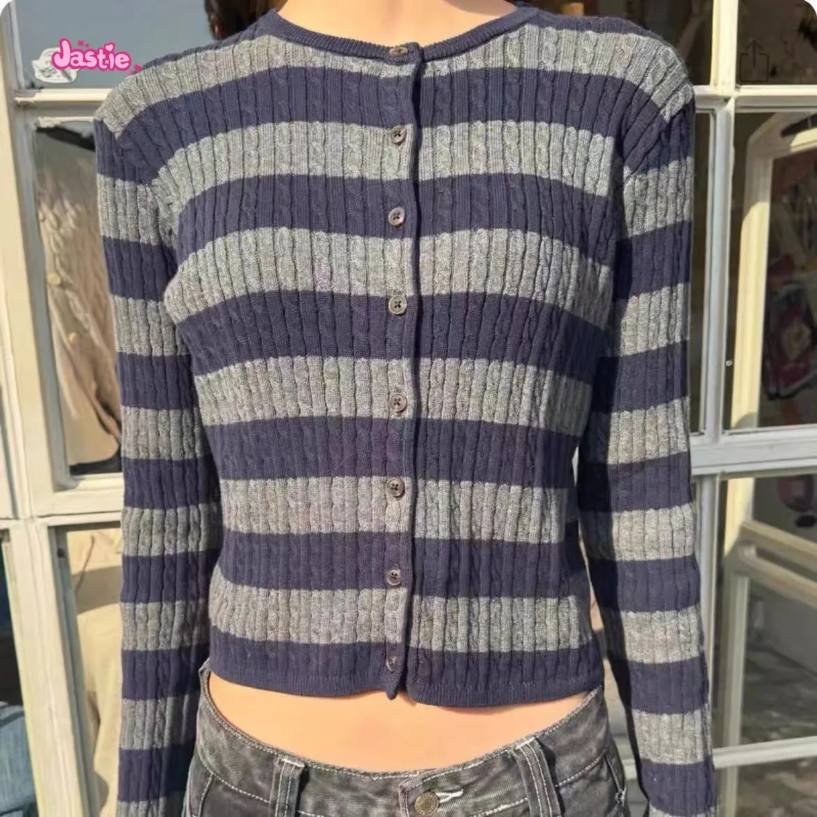 JazzHer Twisted Flower Stripe Cardigan Women's Sweater Spring Casual Sweaters Cotton Long Sleeve O Neck Single Breasted Outerwear Top