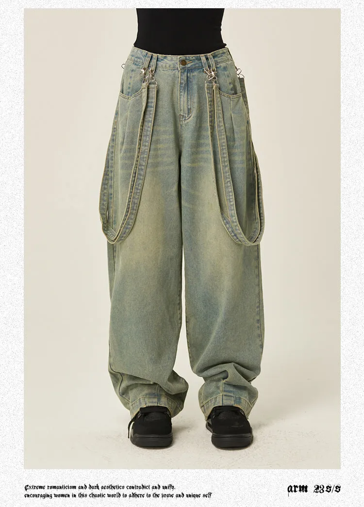Jenvieve Denim Blue Washed Faded Straight Leg Baggy Loose Suspender Jeans Pants