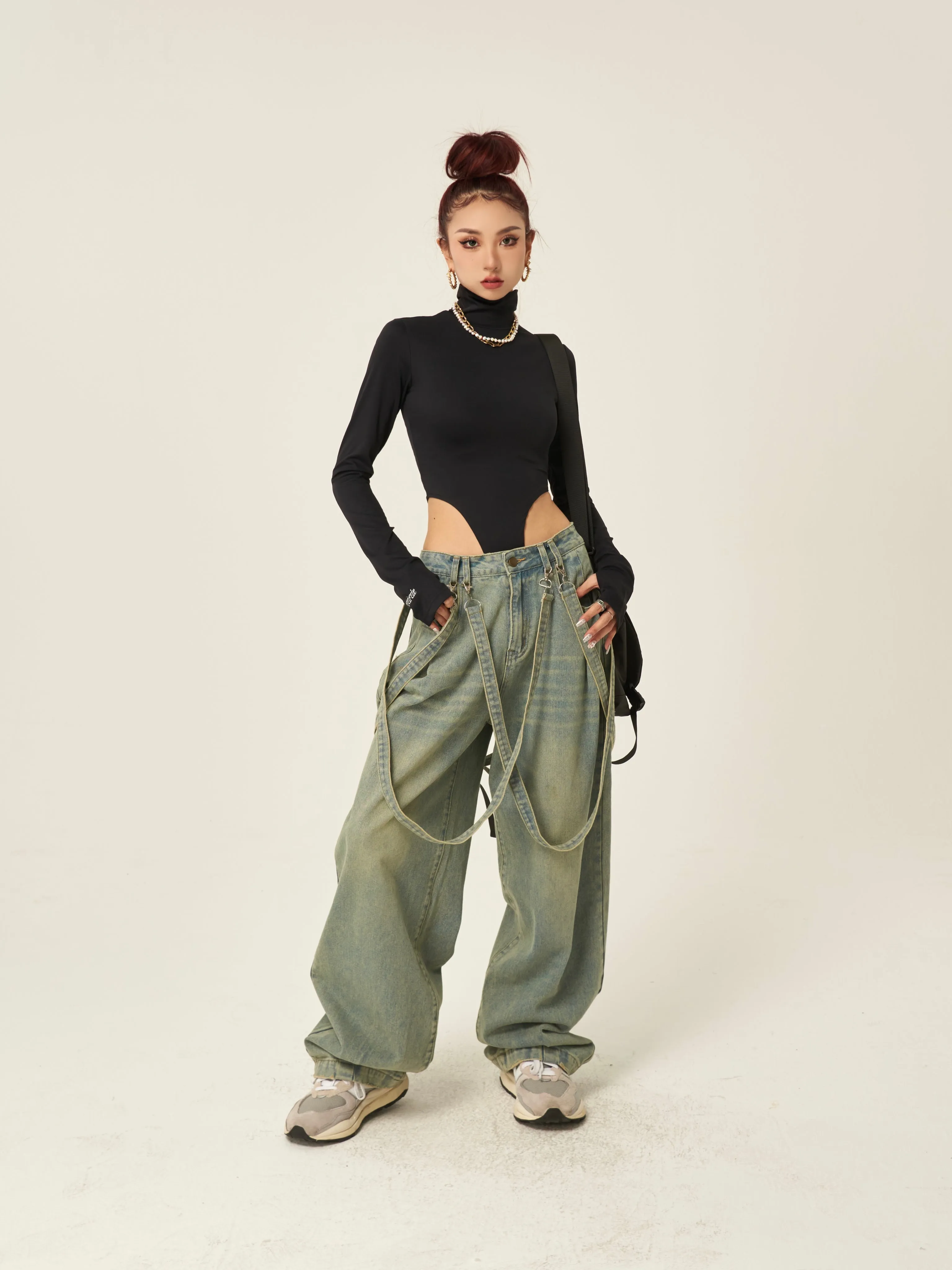 Jenvieve Denim Blue Washed Faded Straight Leg Baggy Loose Suspender Jeans Pants