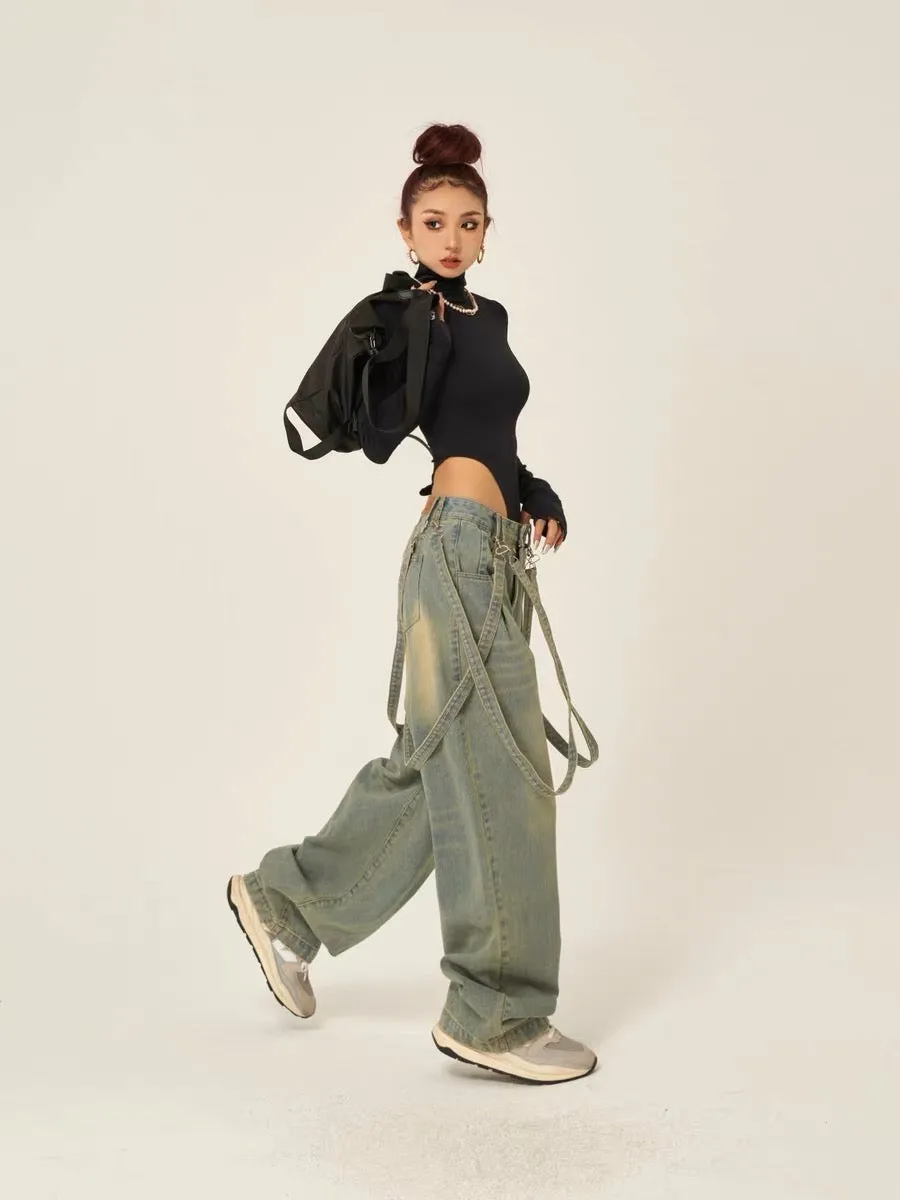 Jenvieve Denim Blue Washed Faded Straight Leg Baggy Loose Suspender Jeans Pants
