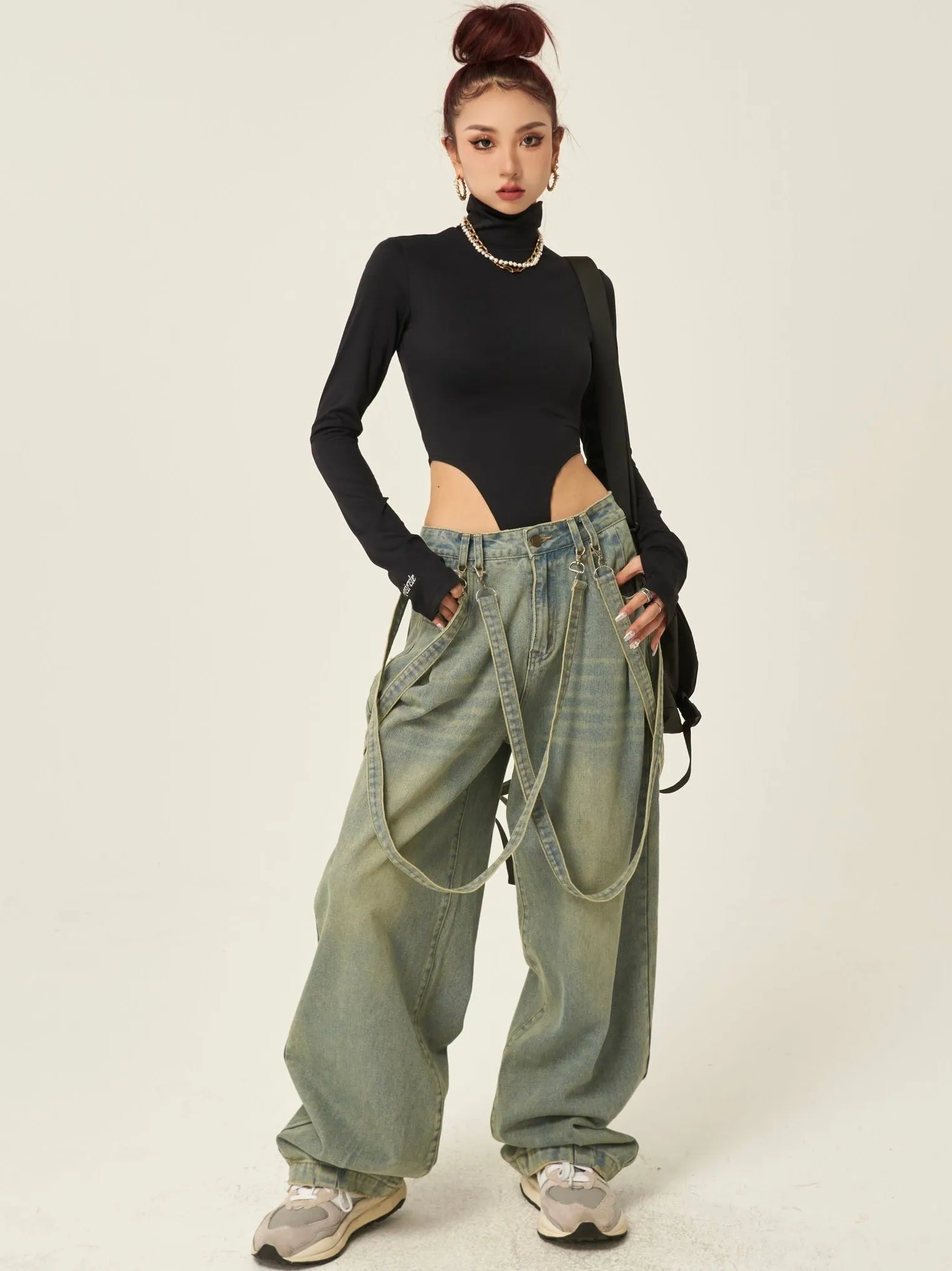 Jenvieve Denim Blue Washed Faded Straight Leg Baggy Loose Suspender Jeans Pants