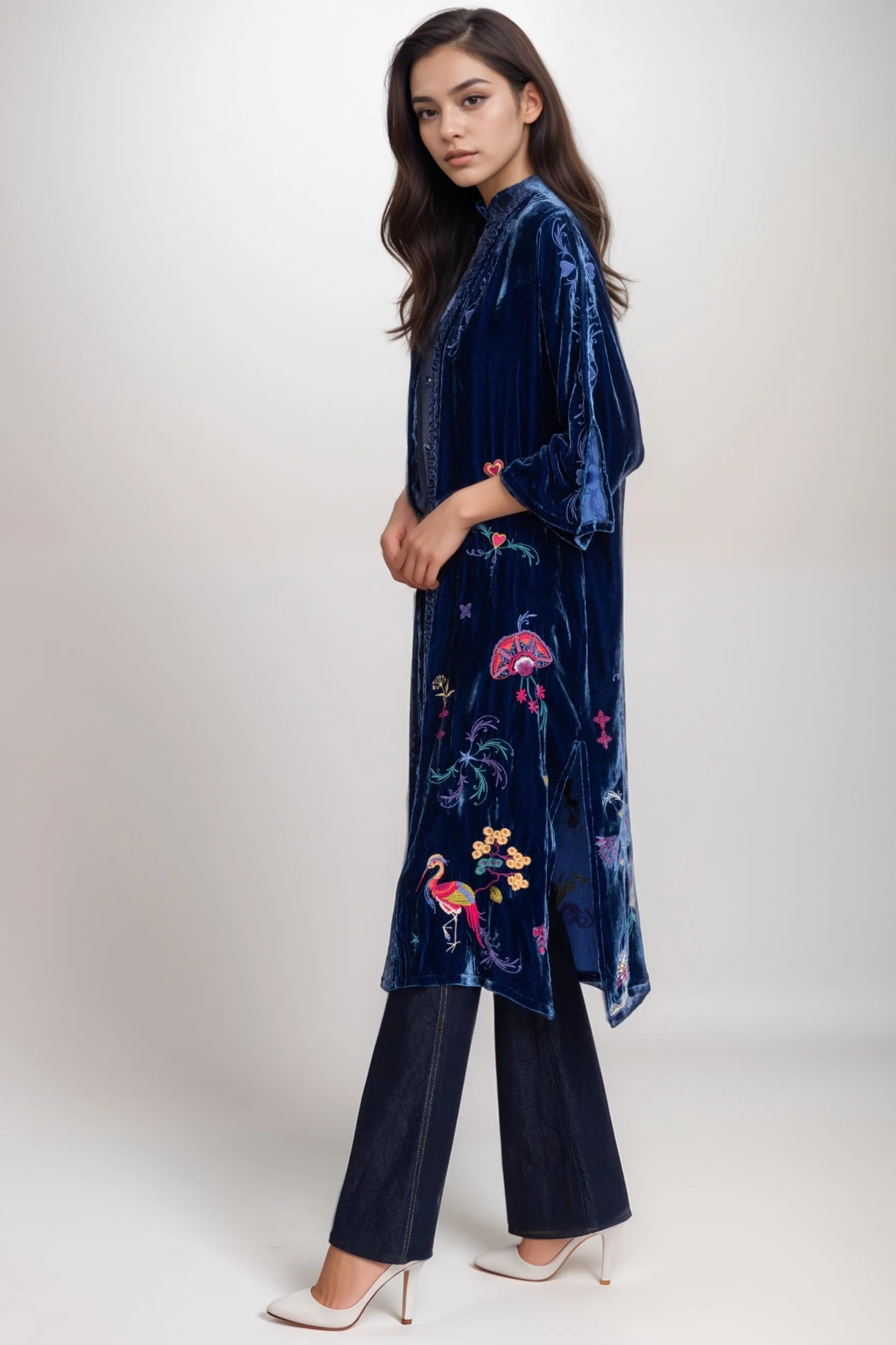 Johnny Was JWLA Blue Ariela Velvet Button Front Long Kimono J41624-9