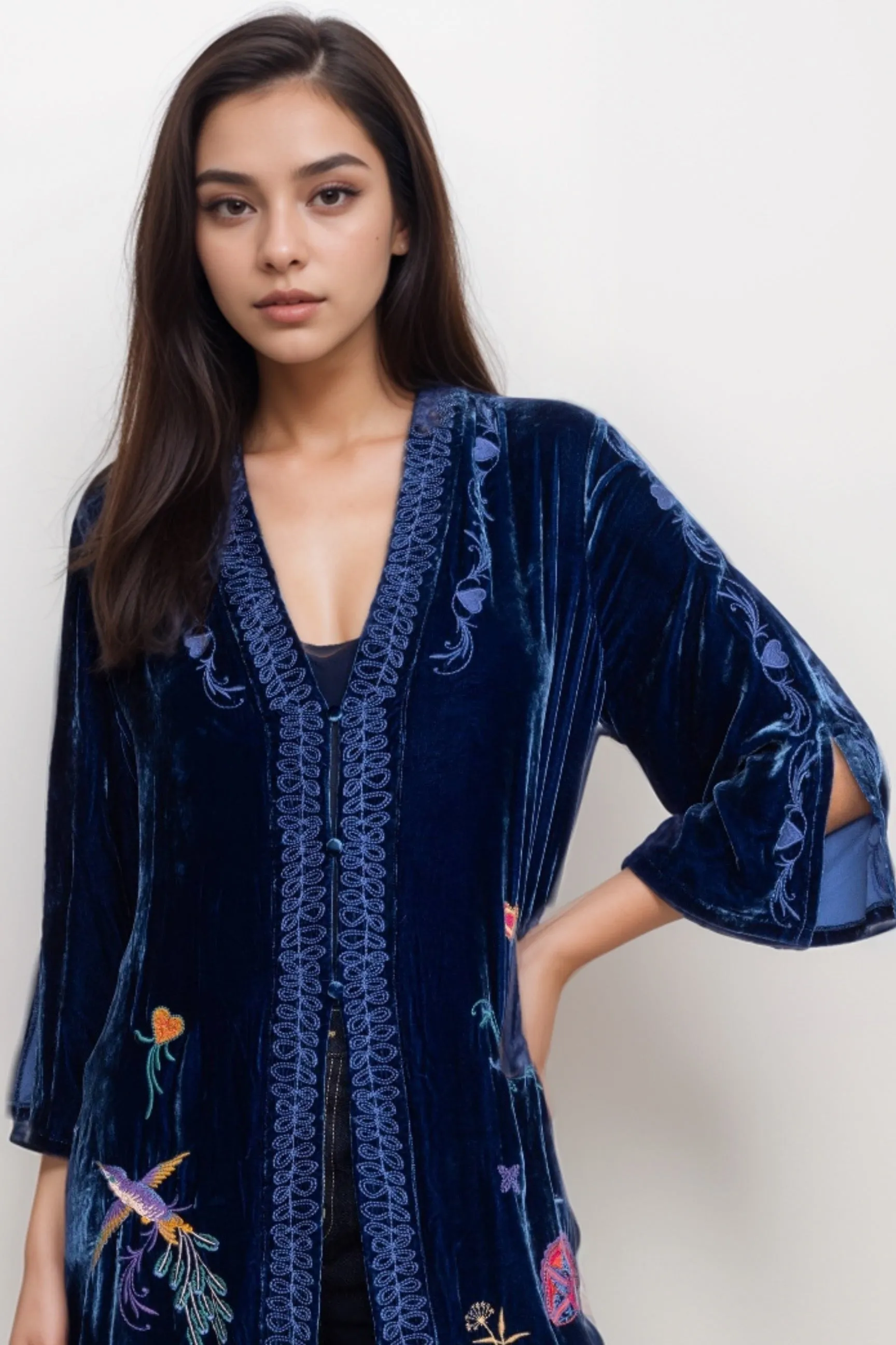 Johnny Was JWLA Blue Ariela Velvet Button Front Long Kimono J41624-9