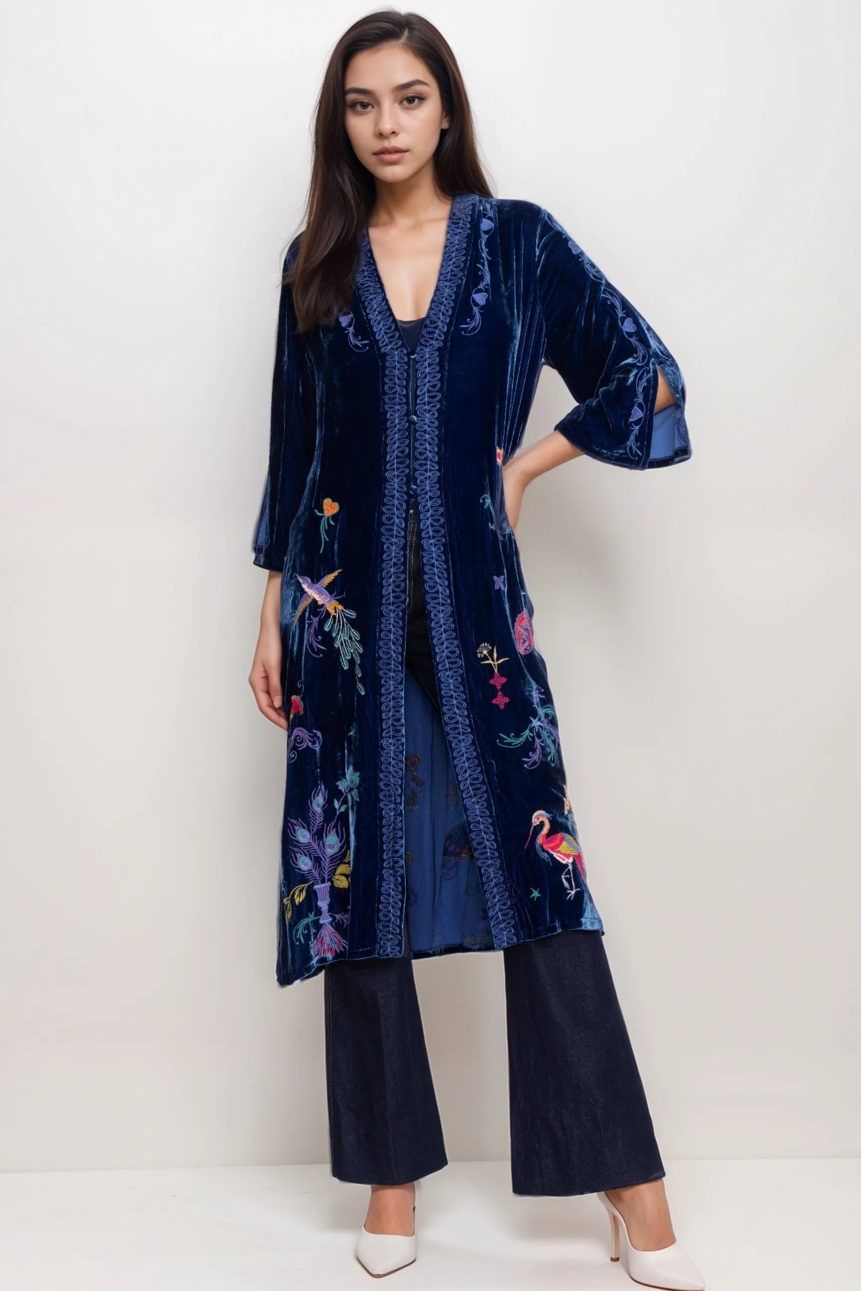 Johnny Was JWLA Blue Ariela Velvet Button Front Long Kimono J41624-9