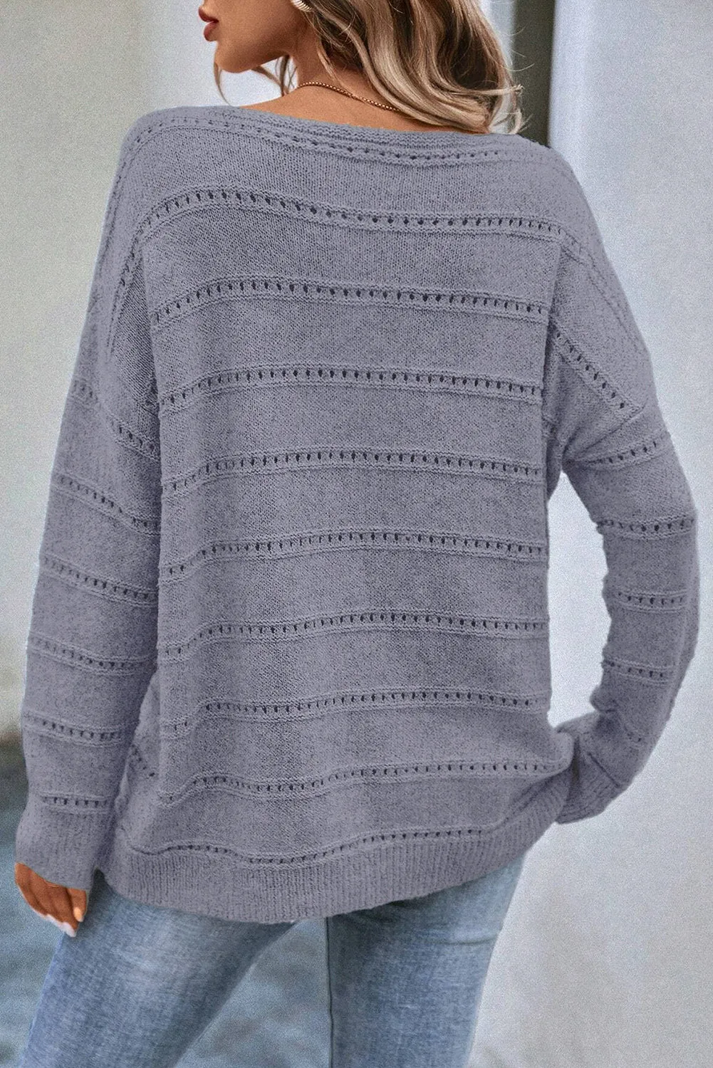KaleaBoutique Boat Neck Drop Shoulder Pointelle Knit Sweater