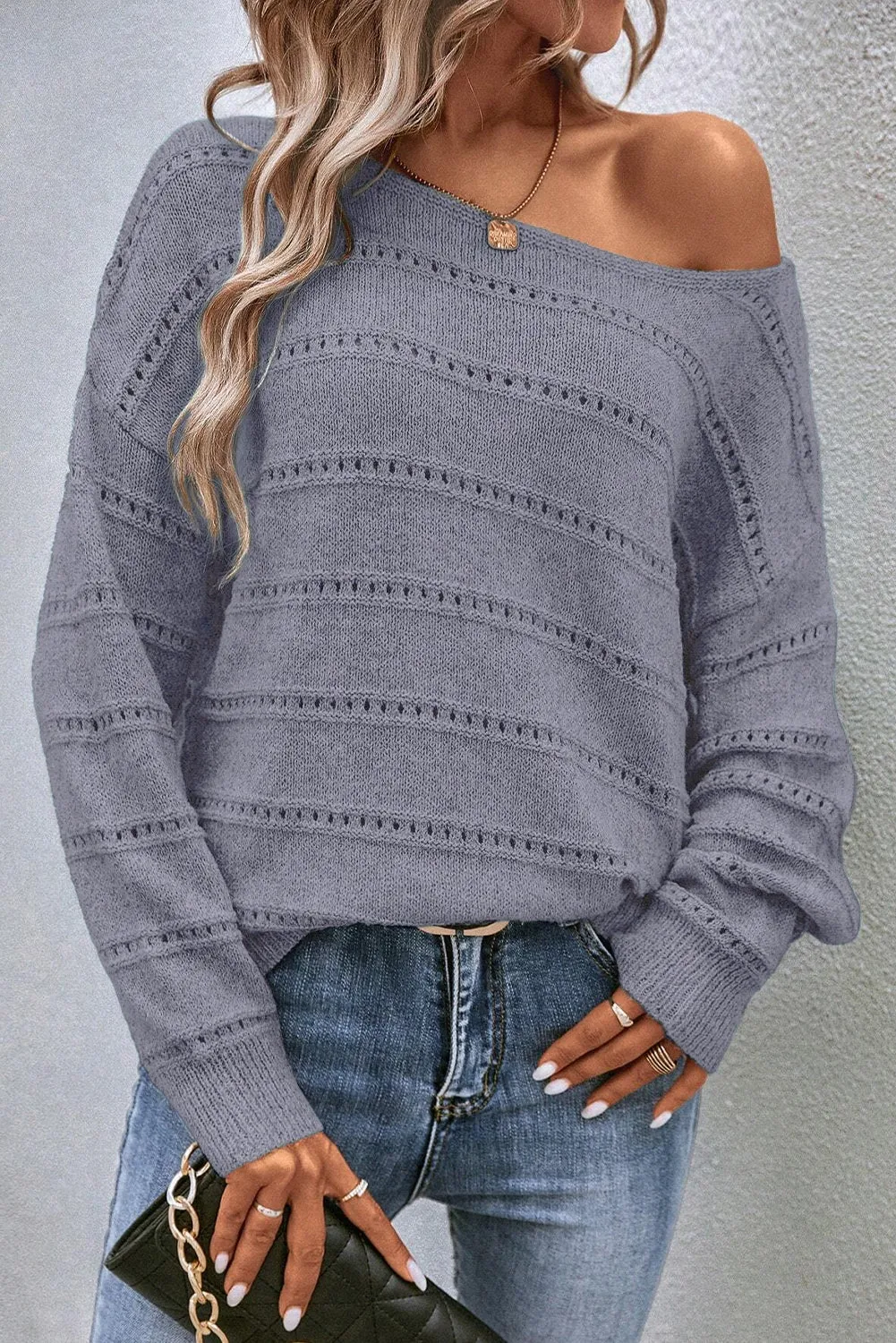 KaleaBoutique Boat Neck Drop Shoulder Pointelle Knit Sweater