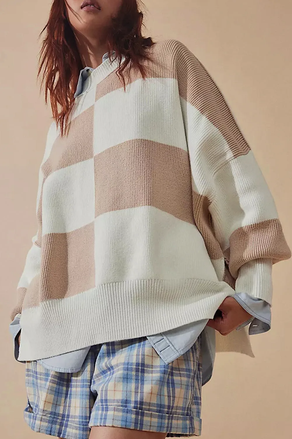 KaleaBoutique Checkered Side Slits Drop Shoulder Oversized Sweater