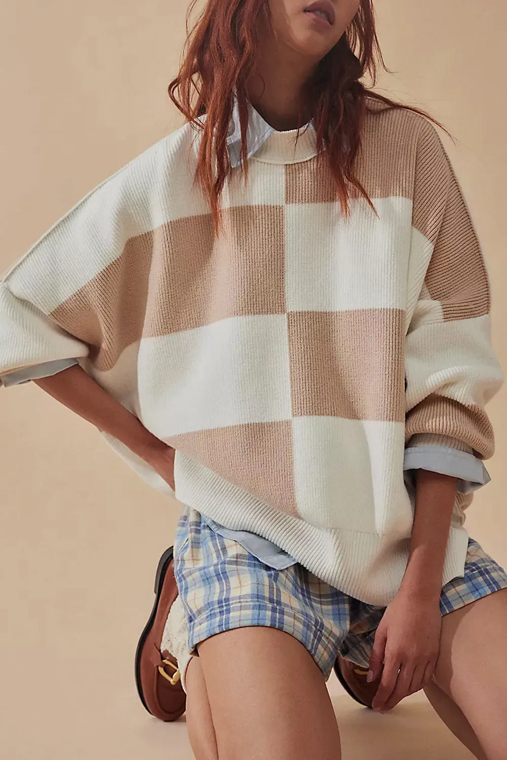 KaleaBoutique Checkered Side Slits Drop Shoulder Oversized Sweater