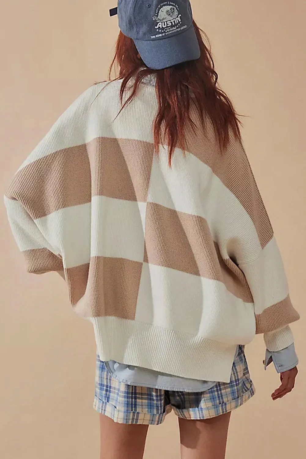 KaleaBoutique Checkered Side Slits Drop Shoulder Oversized Sweater