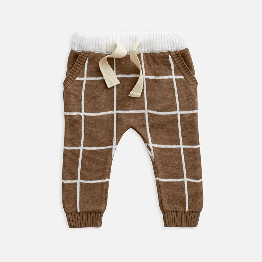 Knit Baby Pants - Cafe au Lait Grid