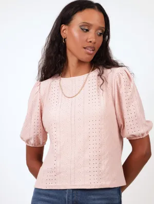 Ladies Knit Broiderie Puff Sleeve Boxy Tee - Blush