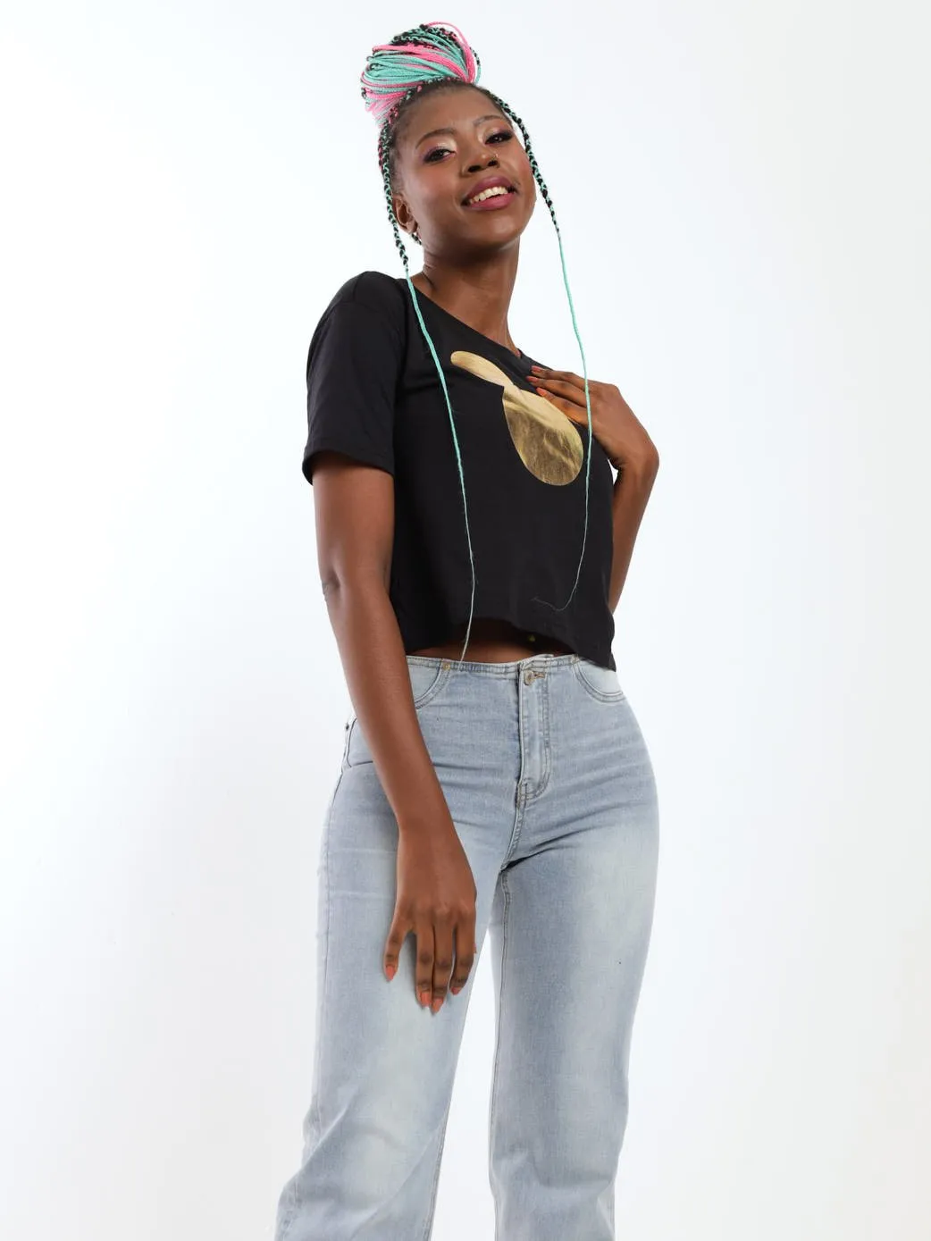 Ladies Mickey Foil Boxy Top - Black