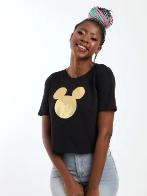 Ladies Mickey Foil Boxy Top - Black