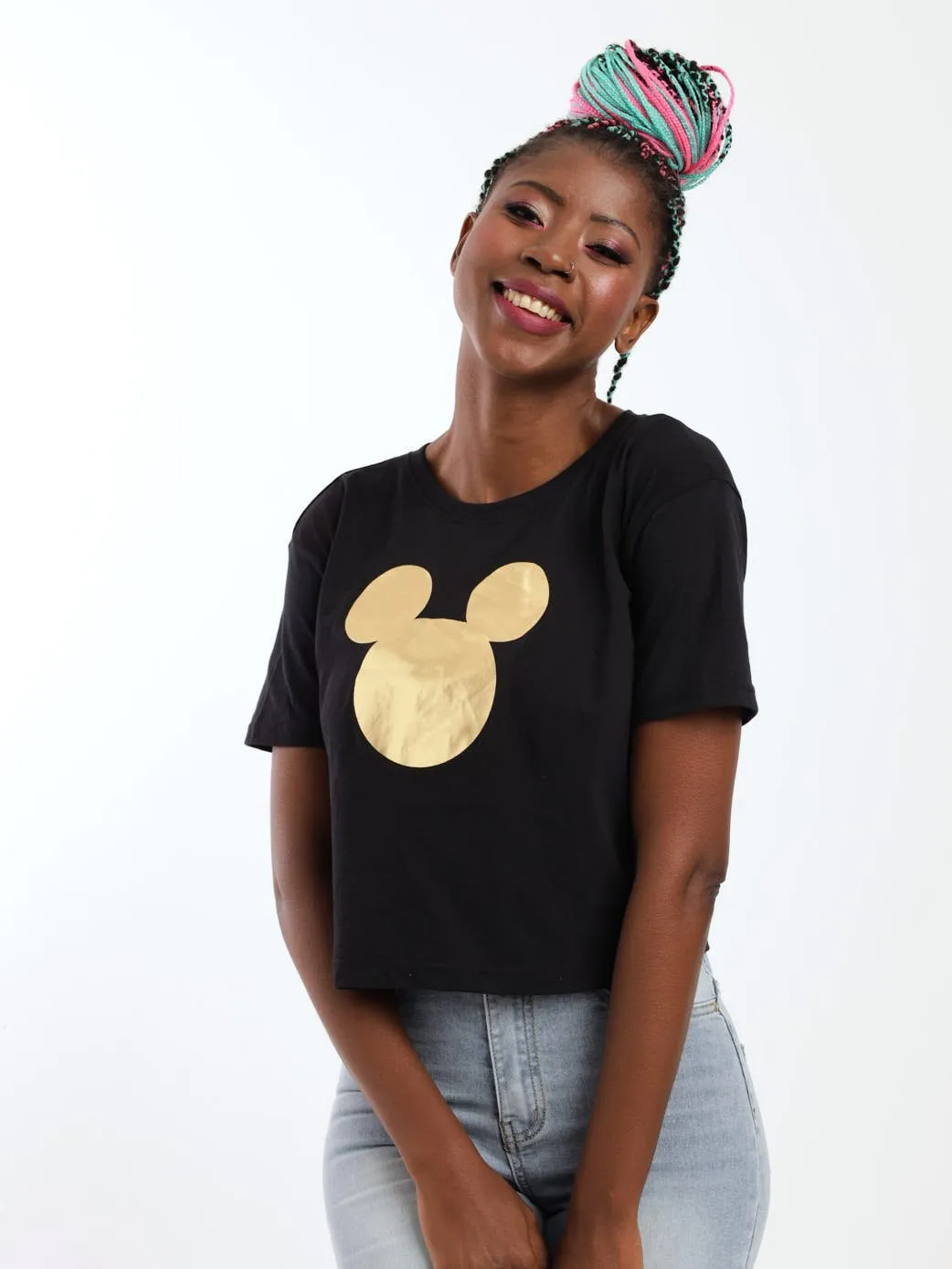 Ladies Mickey Foil Boxy Top - Black