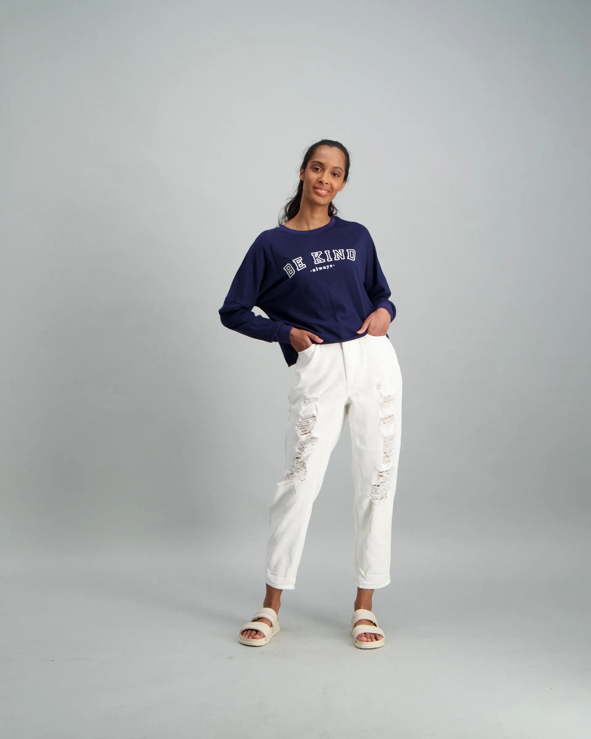 Ladies-Striped Sleeve Boxy Pullover