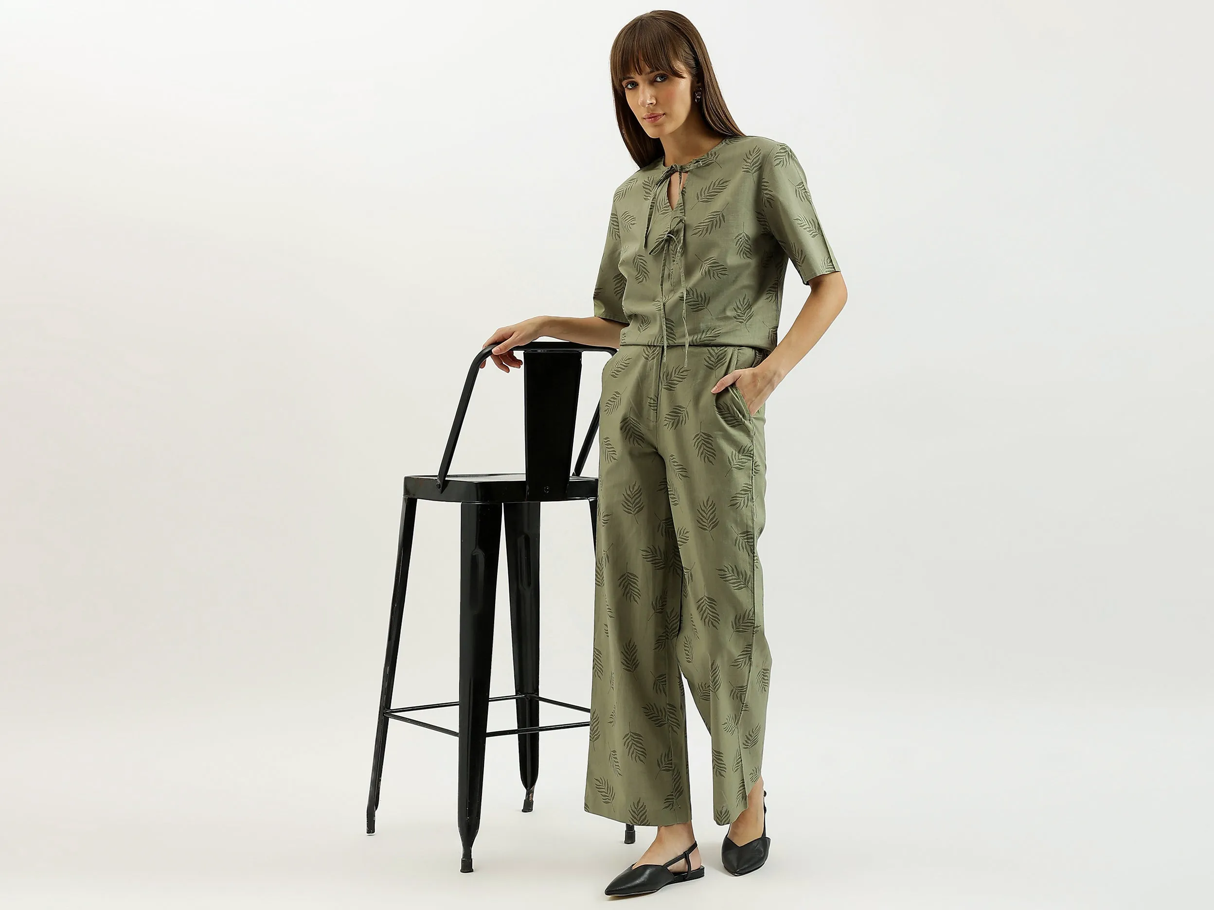 Leaf Print Wide Leg Flared Pants