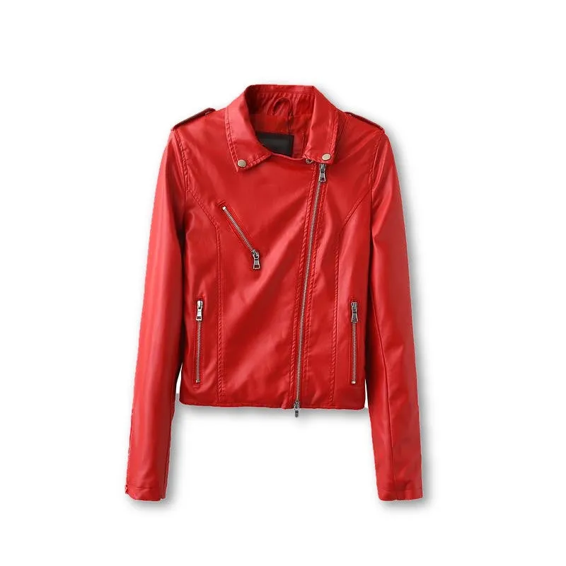 leather female jacket lapel long sleeved jacket PU slim leather female temperament locomotive Red leather women