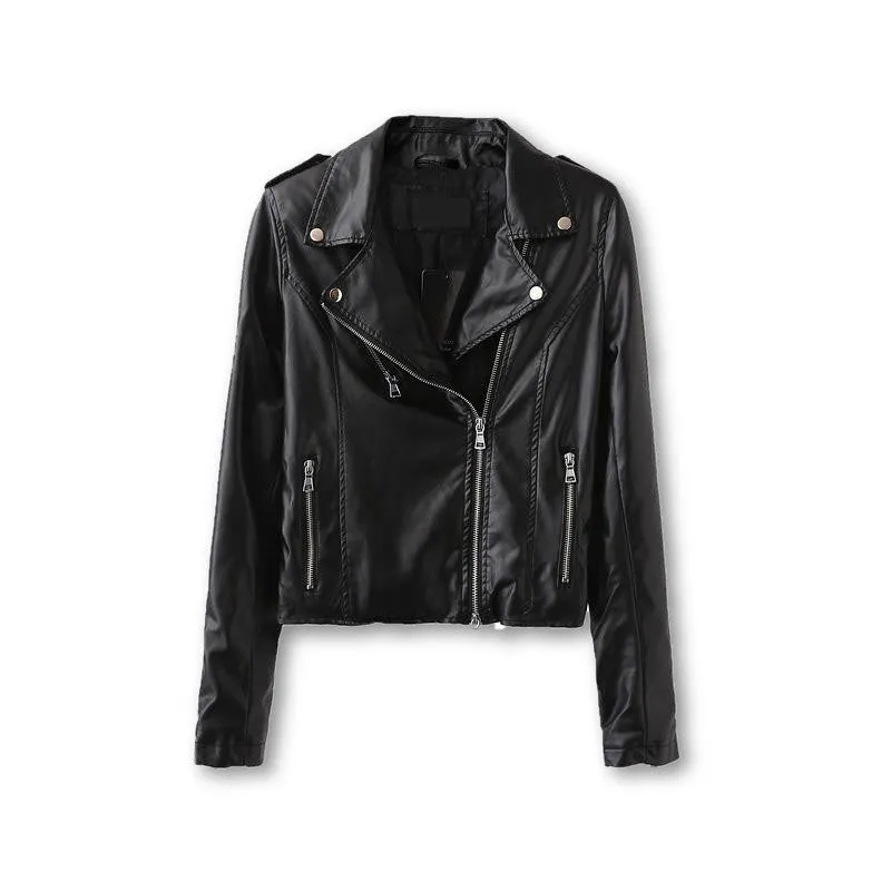 leather female jacket lapel long sleeved jacket PU slim leather female temperament locomotive Red leather women
