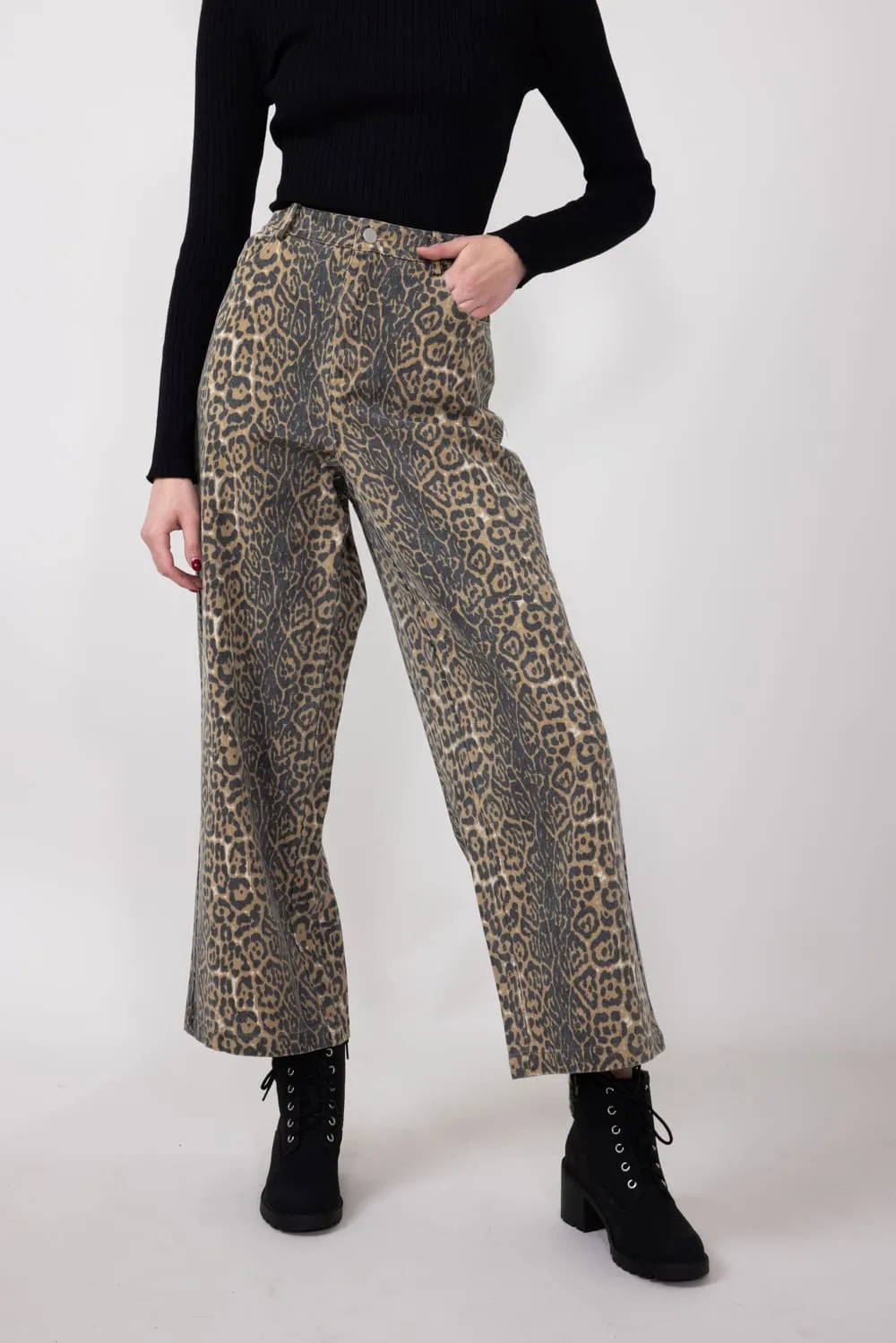 Leopard Print Twill Pants for Women in Charcoal Tan | MP7323G-TANCHARCOAL