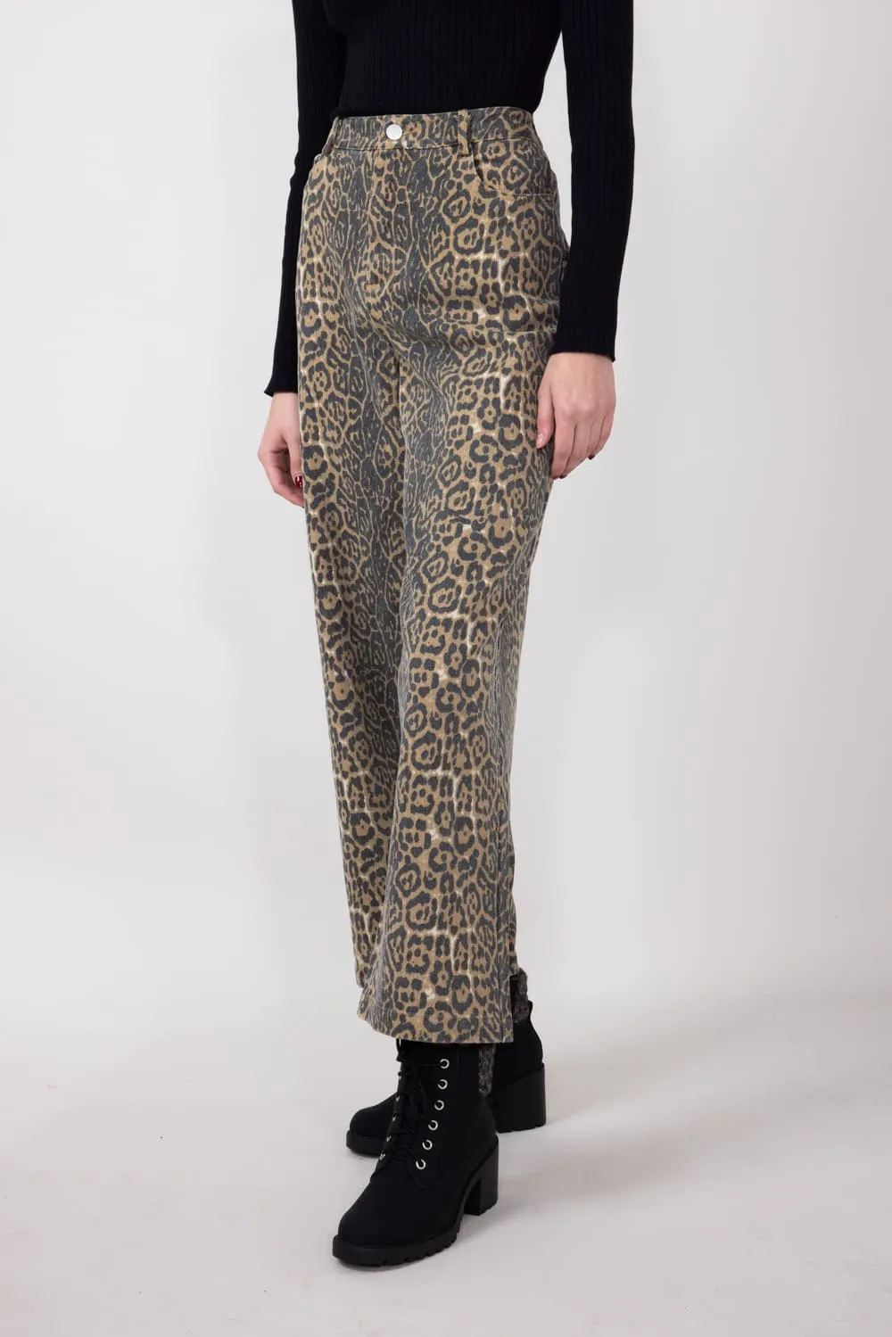 Leopard Print Twill Pants for Women in Charcoal Tan | MP7323G-TANCHARCOAL