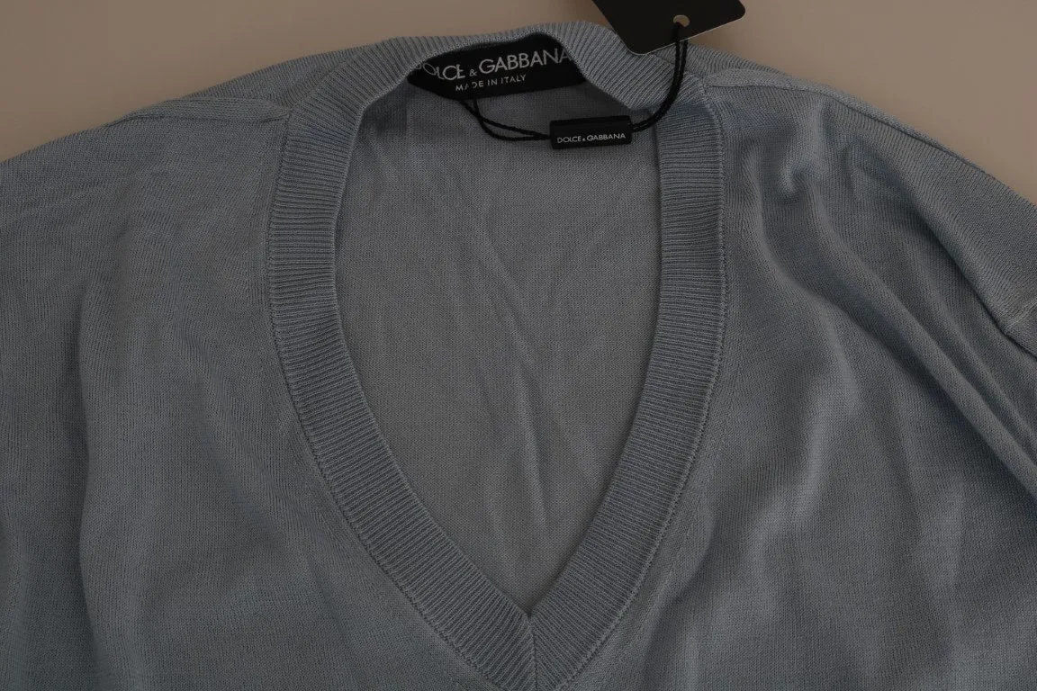 Light Blue Silk V-neck Pullover Sweater