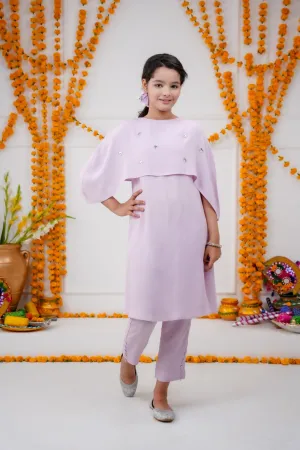 Lilac Delight: Kids Hand-Embroidered Cape Ensemble