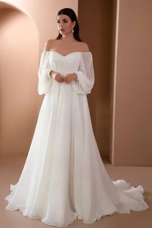 Long Sleeves Chiffon Bride Dresses with Off-the-shoulder Neckline