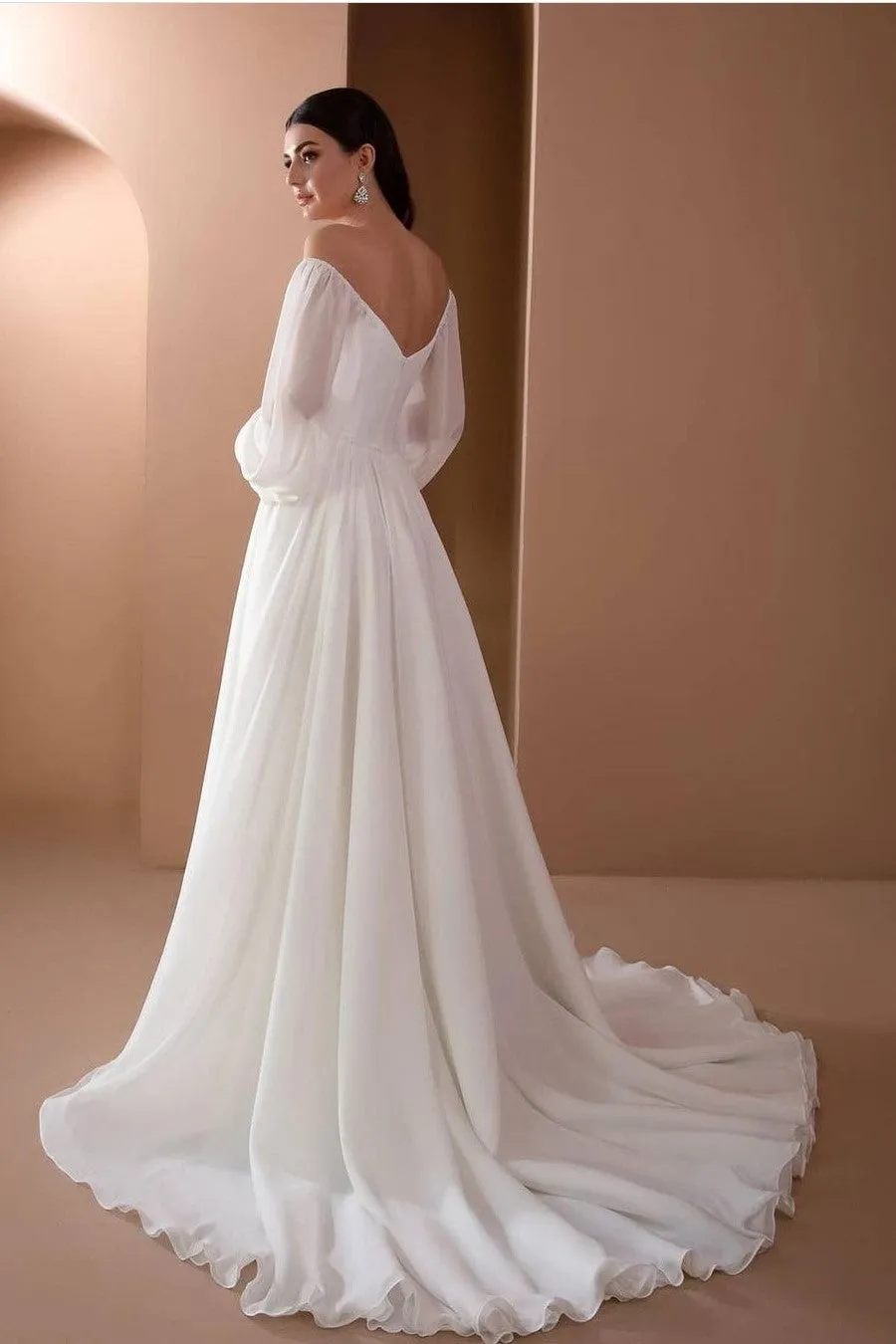 Long Sleeves Chiffon Bride Dresses with Off-the-shoulder Neckline