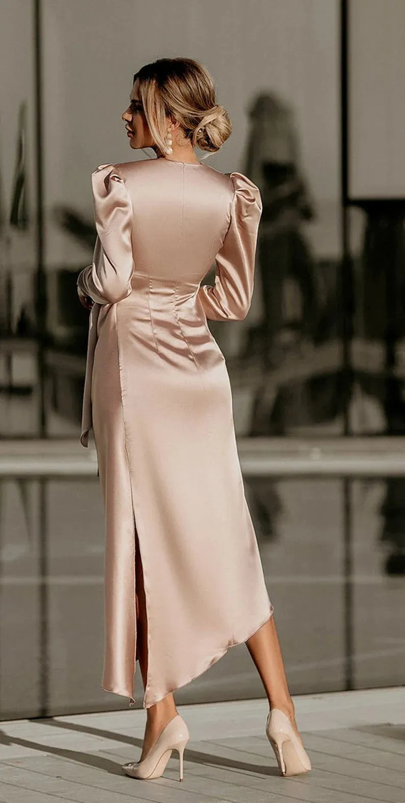 Long Sleeves Silk Satin Slip Dress