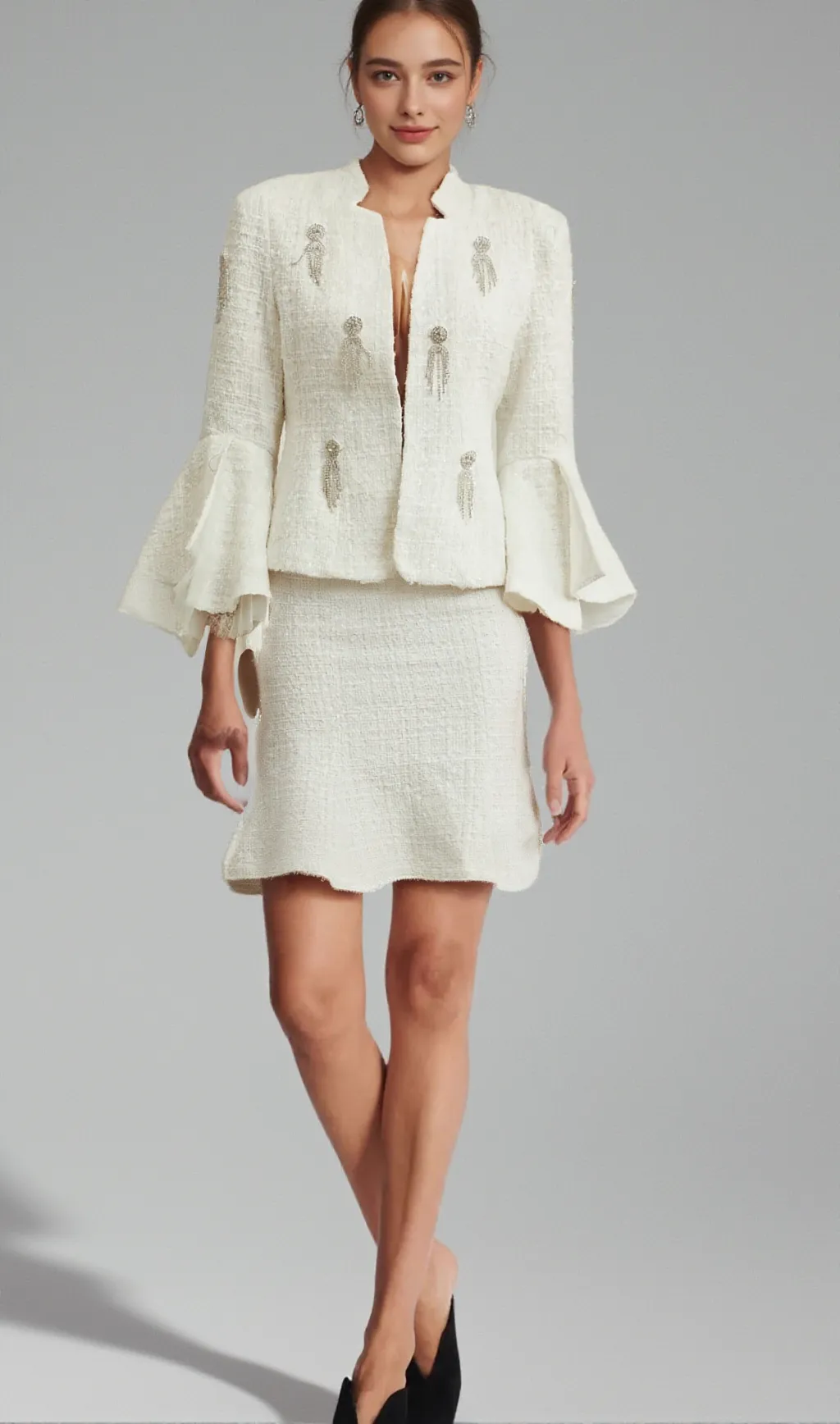 Lucie flared-cuff sequined jacket & skirt matching set