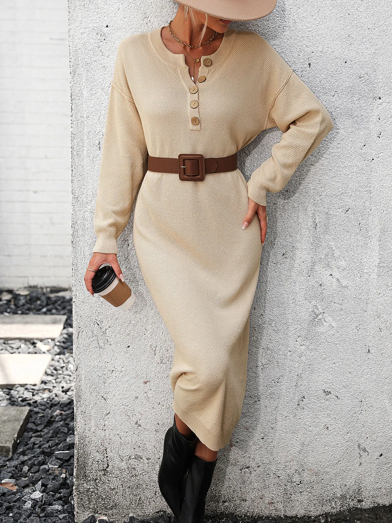 Massey Knit Midi Sweater Dress - Beige